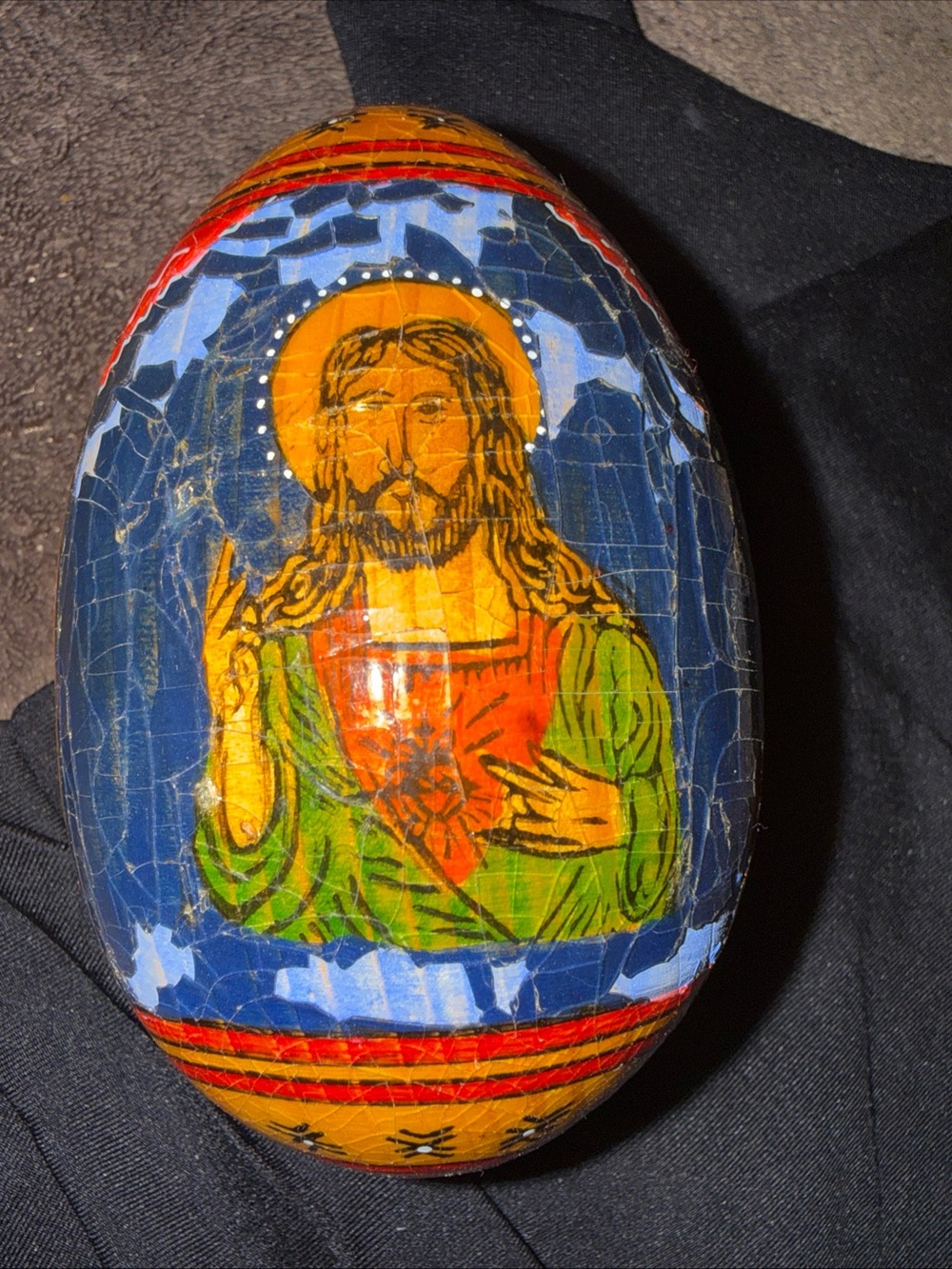 Jesus Merry Religious Decorative Egg - Blue, wooden Ukrainian handcrafted